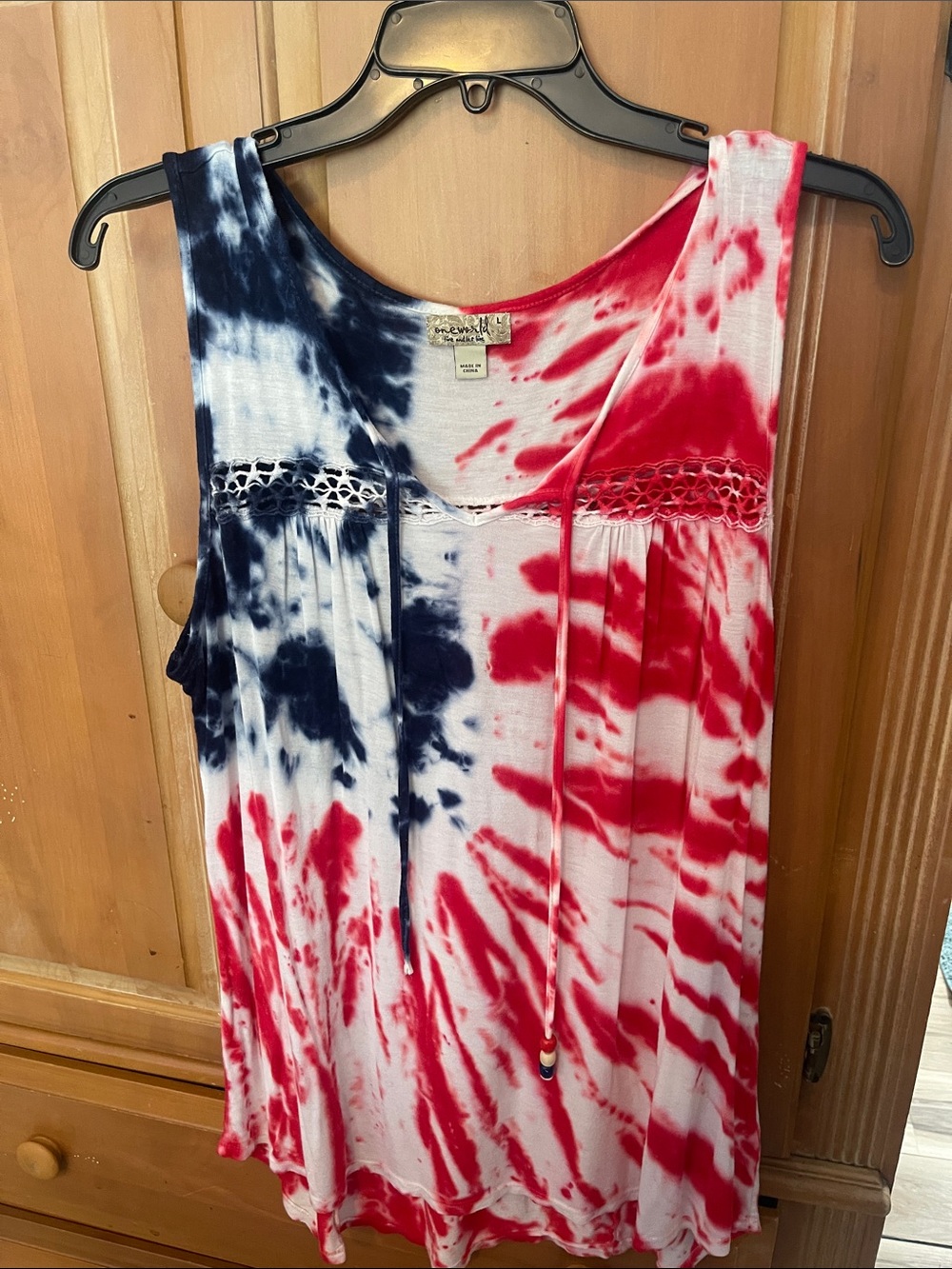ONE WORLD Red, White & Blue Tie-Dye Crochet Yoke Tank